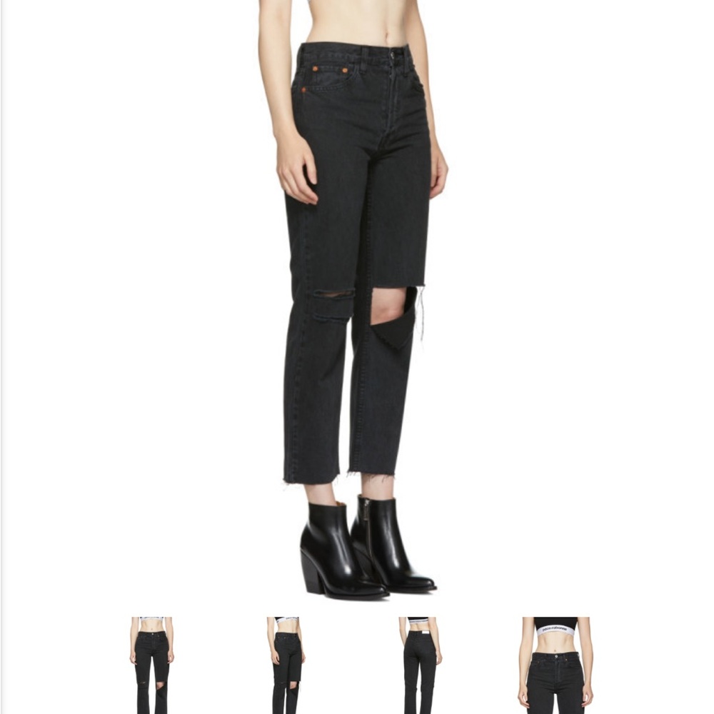 Re/Done Denim | BLACK High Rise cropped denim with frayed detailing and rips